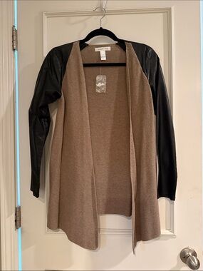 August Silk Beige Knit Cardigan with Black Faux Leather Sleeves- NWT.  Size Smal